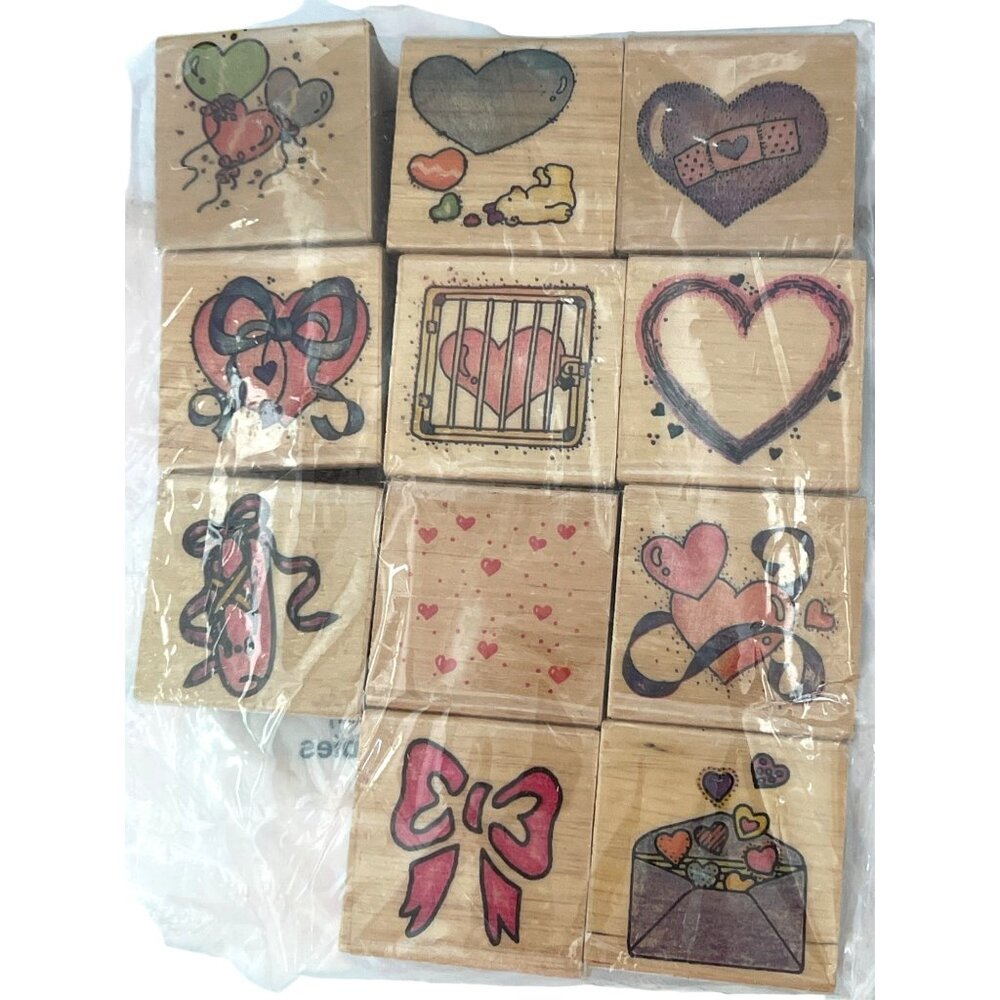 VTG DIY Arts Craft Lot Wood Rubber Stamp Heart Letters Card Suits Paper Punch